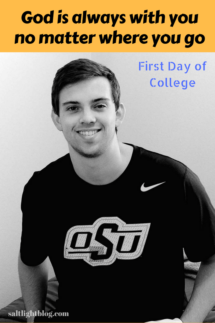 Photo of our son Alexander sitting on his bed in his new dorm on the 1st day of college at Oklahoma State